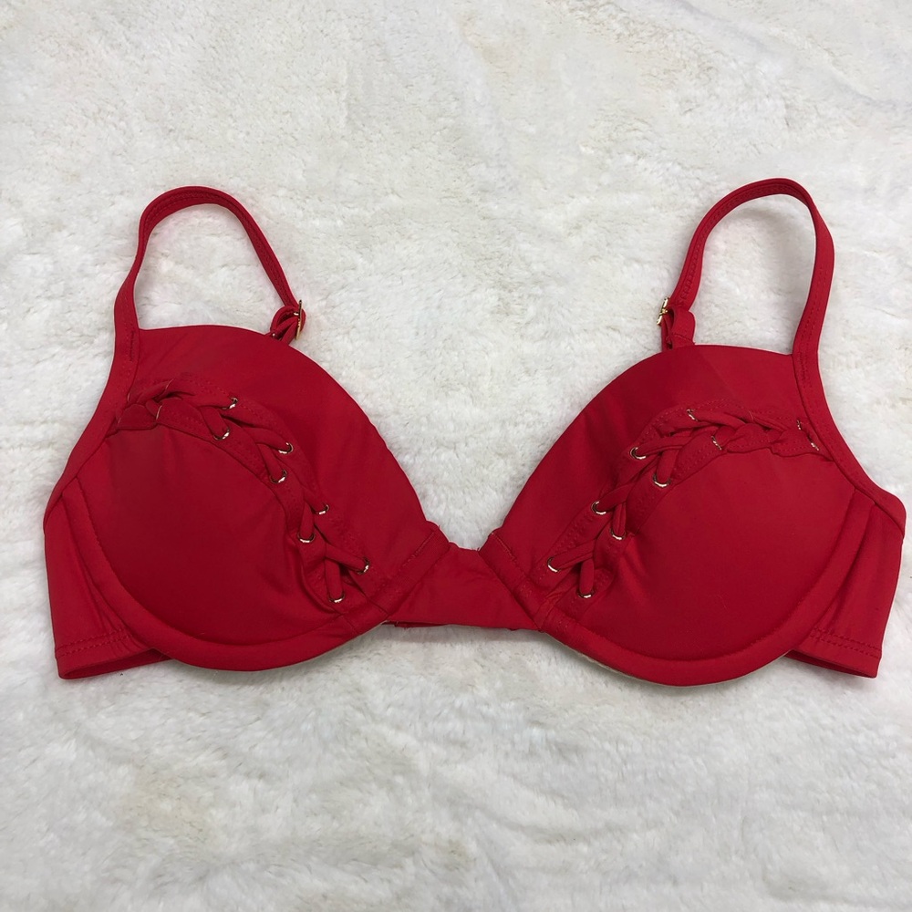 NEW La Blanca 4 red padded bikini swim top underwire cup lace up